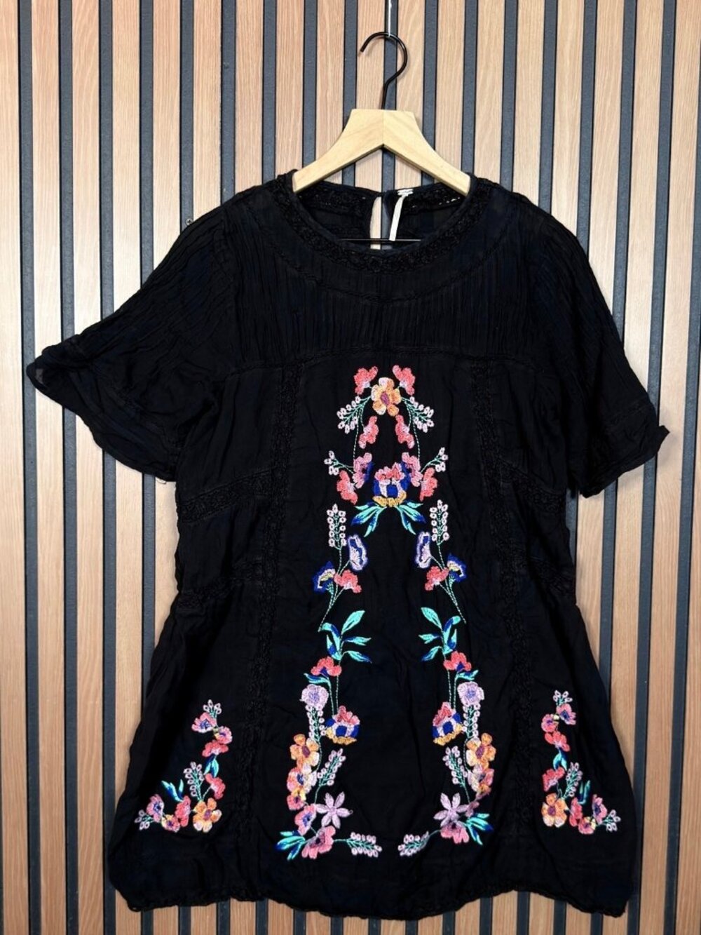 Free People Mini Dress Small Womens Black Perfectly Victorian Embroidered Floral